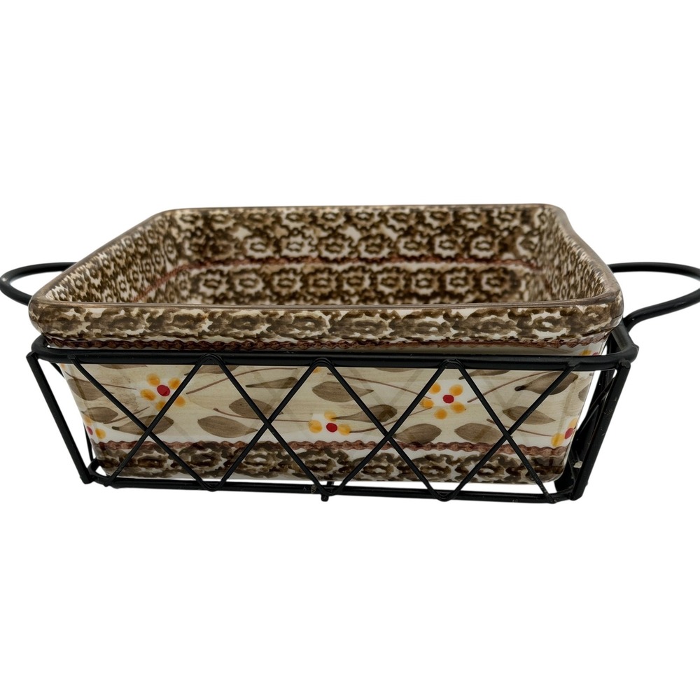 Temp-tations Old World Brown Floral Ceramic Square Baker &‎ Metal Serving Rack